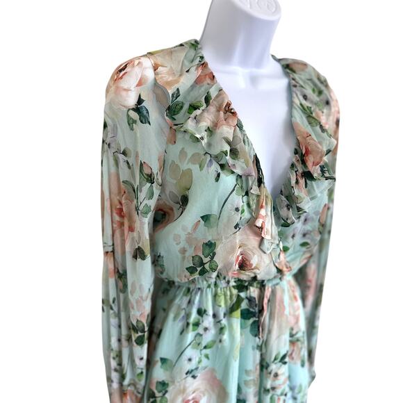 Yumi Kim Maya Romper XS Sunday Rose Aqua Floral Long Sleeve NWT Silk Chiffon - Picture 5 of 15